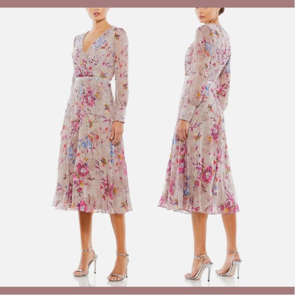 NWT $498 Mac Duggal [ 18 ] Floral Embellished Long Sleeve Midi Dress Mauve‎ - Picture 2 of 16